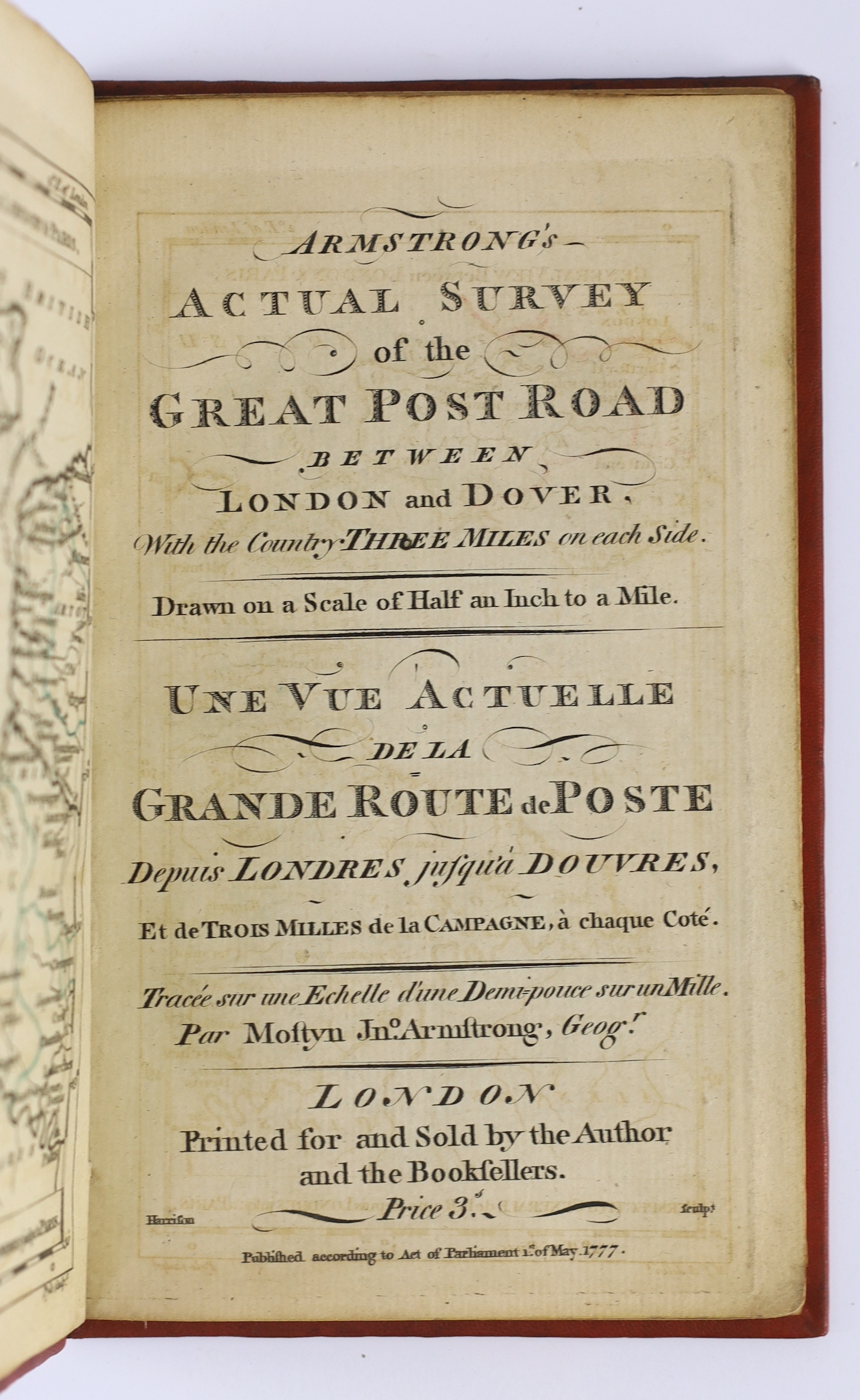 Armstrong, Mostyn John - Armstrong's Actual Survey of the Great Post Road between London and Dover. With the country three miles on each side ... engraved title, engraved advert. leaf, general (coastal) and six road maps